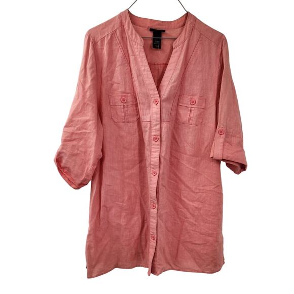 Lane Bryant Coral Pink Button Down Linen Blend Top Womens Size 14 - Picture 1 of 3